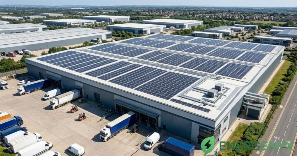 Solar panels generating electricity for a UK commercial building