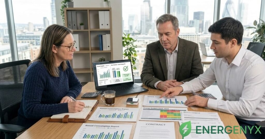 Small business owners planning commercial energy costs.
