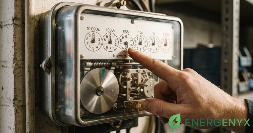 Traditional analogue electricity meter with numbered dials