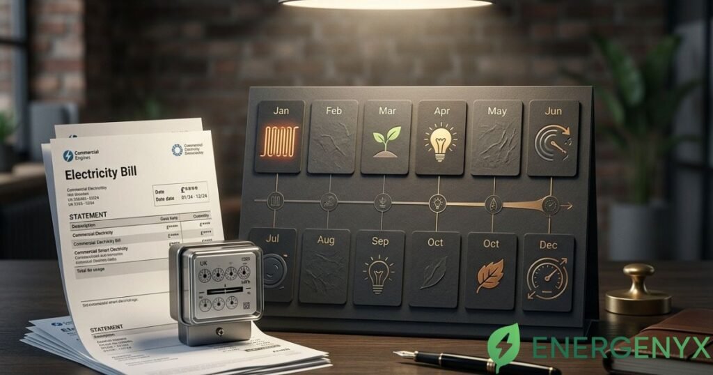 Calendar showing a 12-month period for business electricity back billing