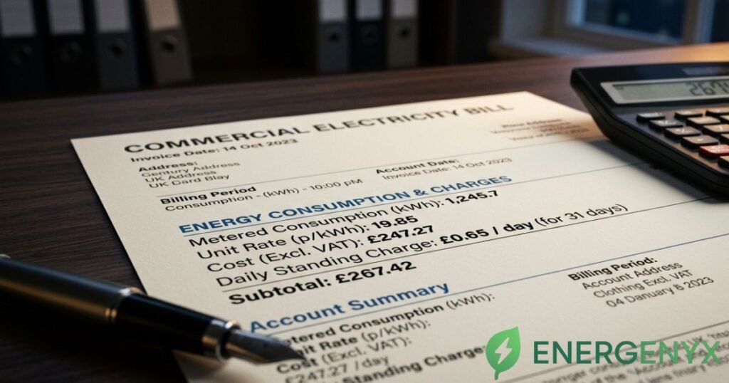 Business electricity bill showing electricity consumption and unit rate