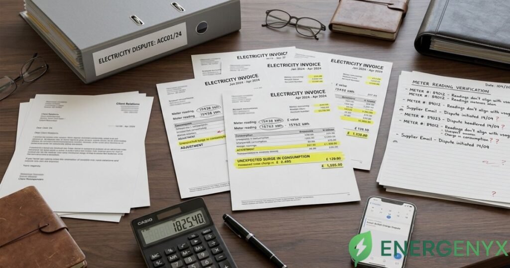 Business electricity bill and supporting documents prepared for a billing dispute