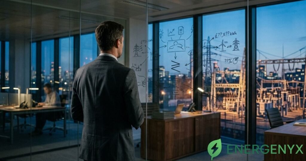 Business owner reviewing electricity costs and energy contract options