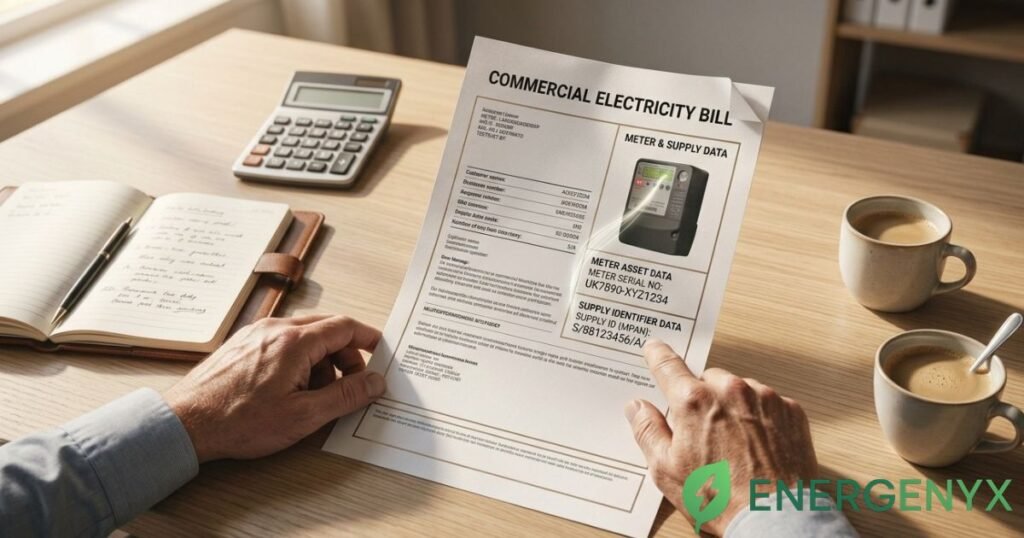 Business electricity bill showing meter and electricity supply details