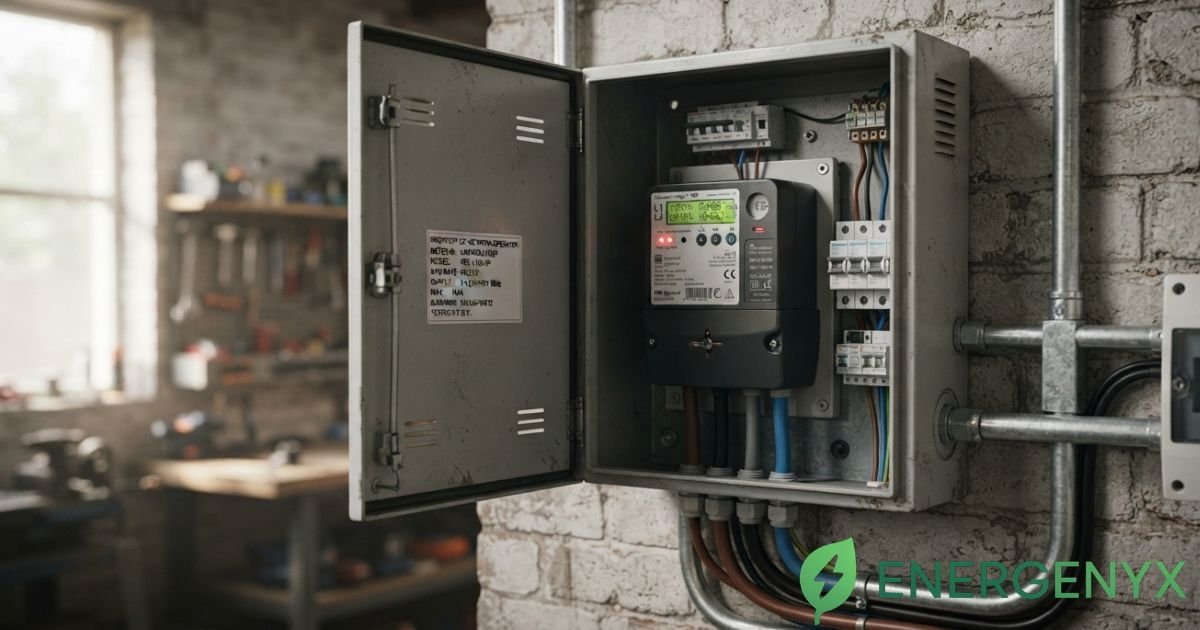 Business electricity meter showing its meter serial number