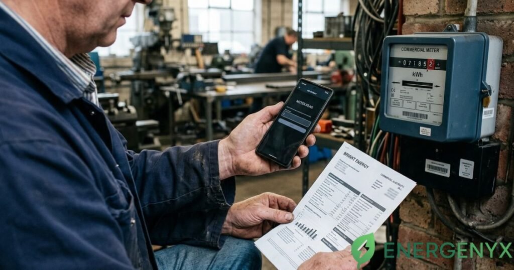Business electricity meter reading being checked against an energy bill