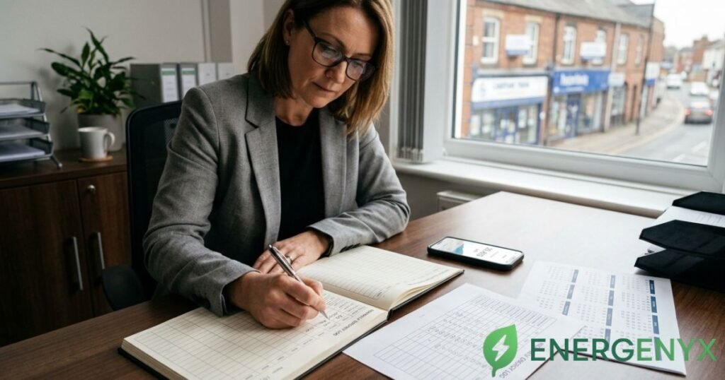 Business electricity meter readings being recorded for energy monitoring