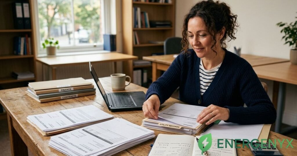 Business owner checking electricity supply details on a bill