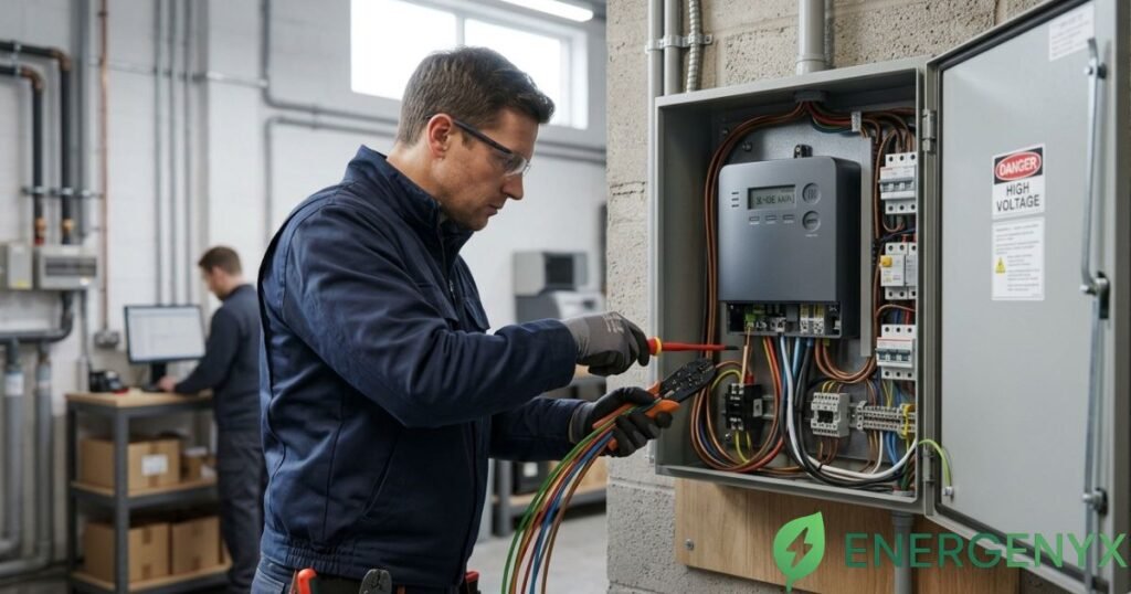 Smart electricity meter being installed at a commercial property
