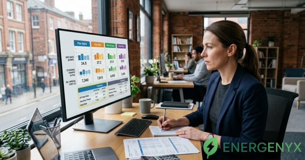 Business owner comparing electricity rates from different suppliers