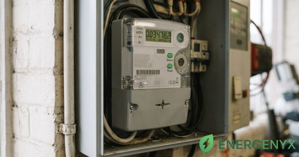 Digital business electricity meter displaying electricity consumption in kWh