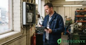Business electricity meter being checked for an accurate meter reading