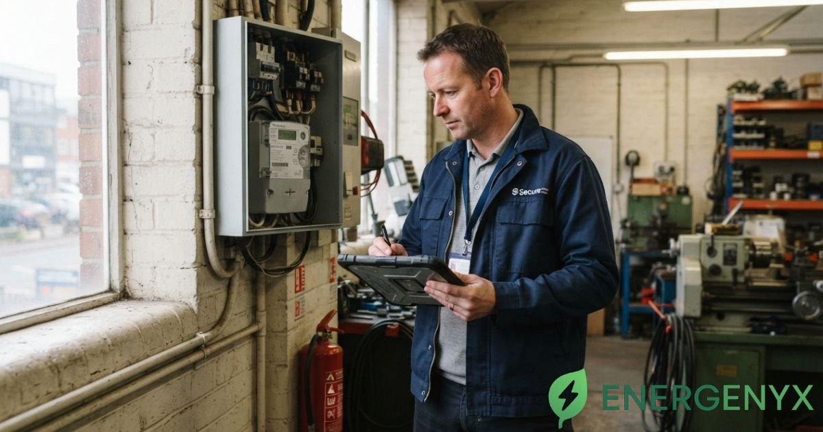 Business electricity meter being checked for an accurate meter reading